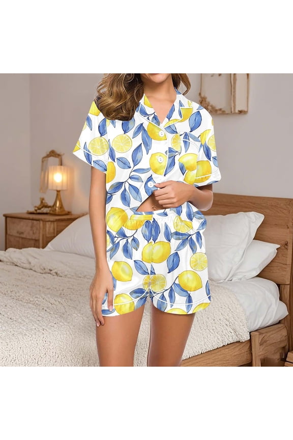 Women's Printed Silk Notch Collar Short Sleeve Top and Shorts Pajama Set ,Casual Sleepwear Loungewear White,Women's Plus XL