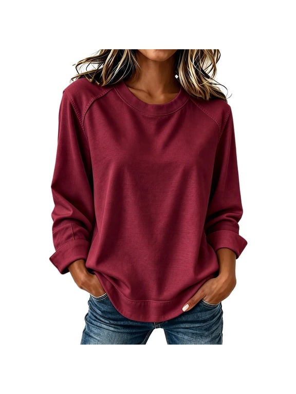 Women’s Raglan Crew Neck Sweatshirt Curved Hem Long Sleeve Loose Pullover,Sizes S-5XL