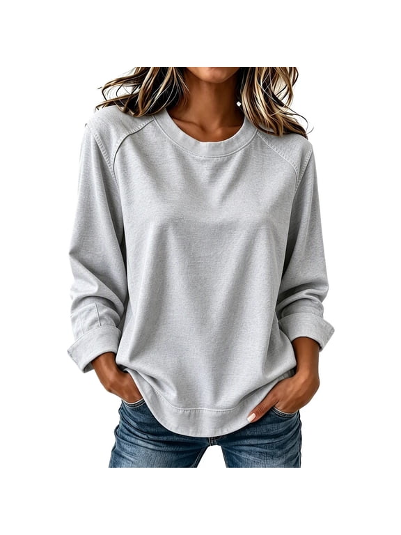 Women’s Raglan Crew Neck Sweatshirt Curved Hem Long Sleeve Loose Pullover,Sizes S-5XL