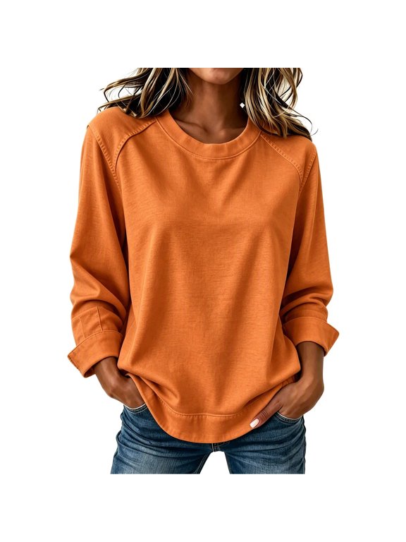 Women’s Raglan Crew Neck Sweatshirt Curved Hem Long Sleeve Loose Pullover,Sizes S-5XL