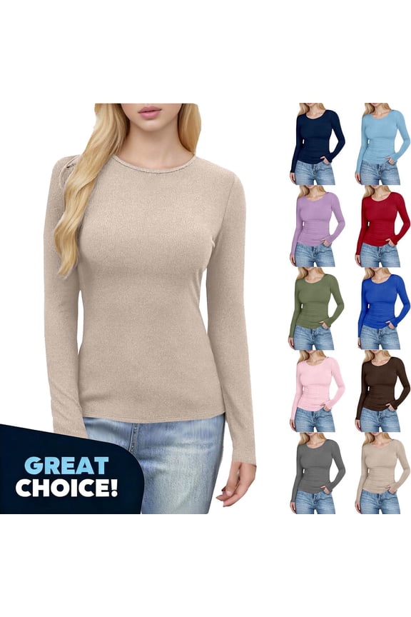 Women's Ribbed Crew Neck Tee with Long Sleeve, Womens Slim Undershirts Knit Basic Tops Shirts, Women's Plus Army Green,Size L