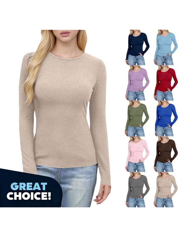Women's Ribbed Crew Neck Tee with Long Sleeve, Womens Slim Undershirts Knit Basic Tops Shirts, Women's Plus Blue,Size M