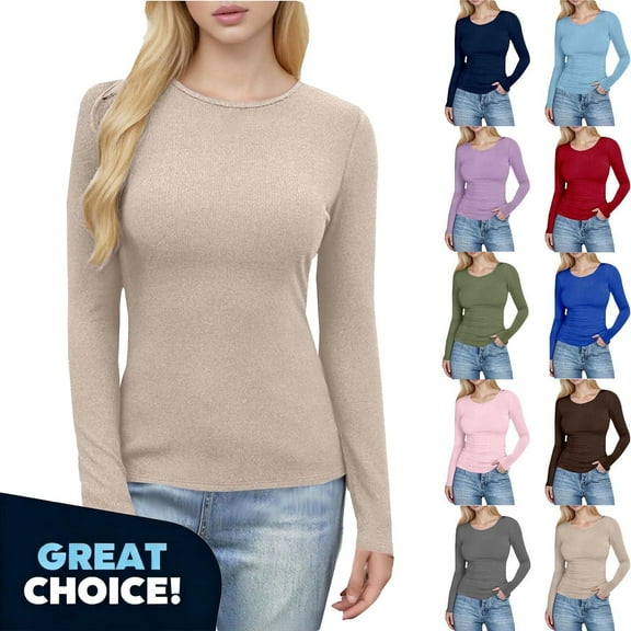 Binmer Women's Ribbed Crew Neck Tee with Long Sleeve, Womens Slim Undershirts Knit Basic Tops Shirts, Women's Plus Blue,Size XL