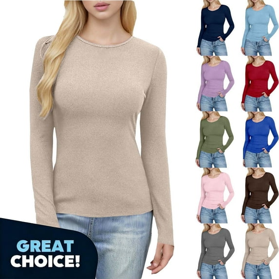 Binmer Women's Ribbed Crew Neck Tee with Long Sleeve, Womens Slim Undershirts Knit Basic Tops Shirts, Women's Plus Khaki,Size XXL