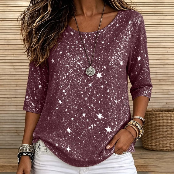 ClodeEU Women's Round Neck 3/4 Sleeve Sequin Blouse ,Casual Loose Fit Tee Top Coffee,Women's Plus M
