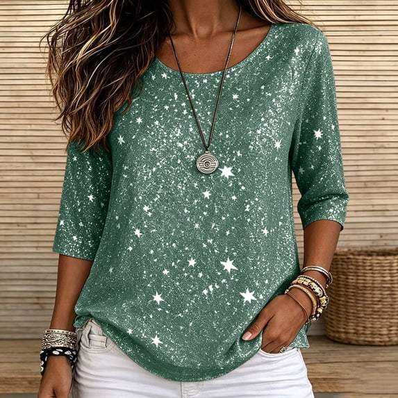 ClodeEU Women's Round Neck 3/4 Sleeve Sequin Blouse ,Casual Loose Fit Tee Top Green,Women's Plus L