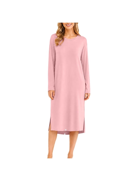 Women's Round Neck Long Sleeve Nightgown, Side Slit Loose Midi Sleep Dress ,Soft Casual Loungewear ,M