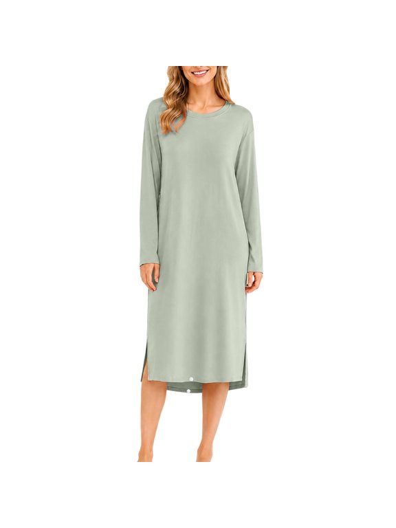 Women's Round Neck Long Sleeve Nightgown, Side Slit Loose Midi Sleep Dress ,Soft Casual Loungewear ,XL