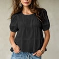 thumbnail image 1 of ClodeEU Women's Round Neck Puff Short Sleeve Babydoll Blouse,Casual Loose Solid Swing Top Black,Women's Plus L, 1 of 5