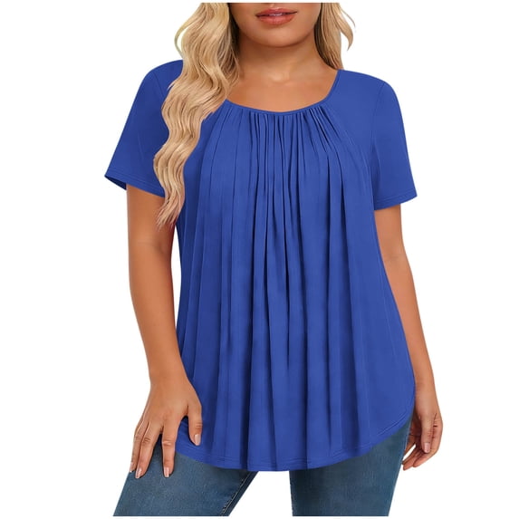ClodeEU Women's Round Neck Short Sleeve Pleated Flowy Tunic Top,Casual Loose Curved Hem Blouse Blue,Women's Plus XXL