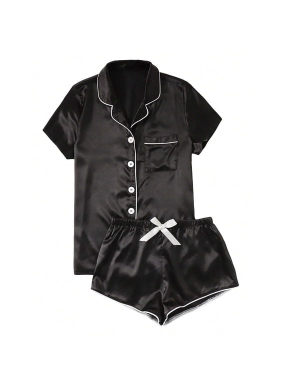 Women's Satin Pajama Set,Short Sleeve Button Down Shirt and Shorts 2-Piece Loungewear Set for Sleepwear Black,Women's Plus XL