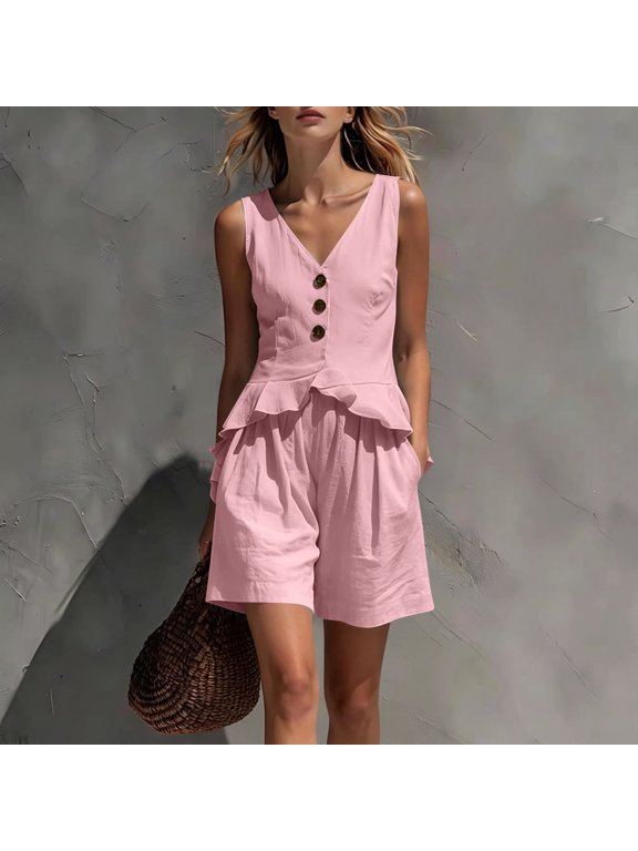 Women’s Sleeveless Button Ruffle Hem Top and Drawstring Pocket Shorts ,Casual Vacation 2 Piece Outfit Set Pink,Women's Plus M