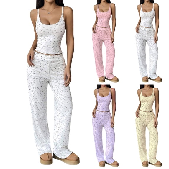 Binmer Women's Sleeveless Cami Top and Straight Leg Pants 2 Piece Outfit Set,Casual Matching Loungewear Set ,M