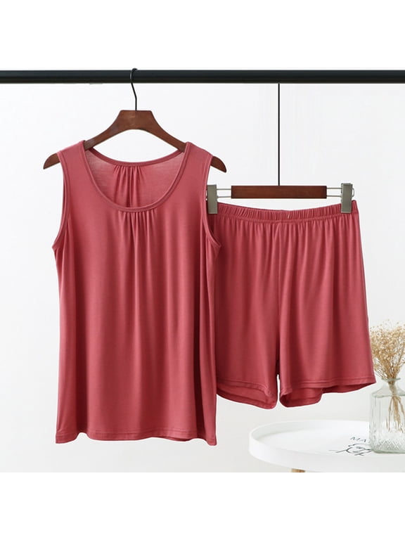 Women’s Sleeveless Crew Neck Tank Top and Elastic Waist Shorts Pajama Set, Casual Loungewear Sleepwear Red,Women's Plus XXXL