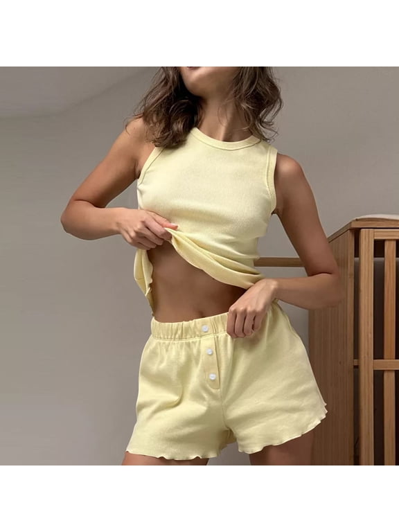 Women's Sleeveless Tank Pajama Set, Crew Neck Top and Elastic Waist Shorts 2-Piece Loungewear, Soft Sleepwear for Women Yellow,Women's Plus M