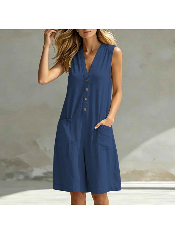 Women's Sleeveless V Neck Button Knee Length Romper with Pocket,Casual Summer Jumpsuit Navy,Women's Plus XL