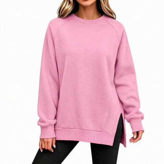 Binmer Women’s Solid Color Crew Neck Raglan Long Sleeve Sweatshirt, Casual Pullover Top With Side Slit Hem,Sizes S-3XL