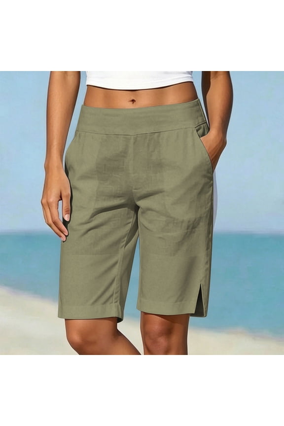 Women's Solid Color Elastic Waist Knee Length Shorts with Pockets ,Casual Summer Beach Bermuda Pants Army Green,Women's Plus S