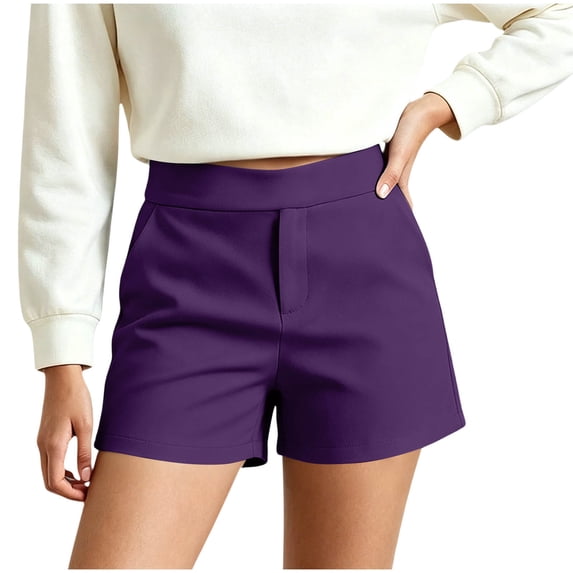 Binmer Women's Solid Color High Waisted Stretch Dress Shorts,Comfortable Casual Summer Short Purple,Women's Plus S