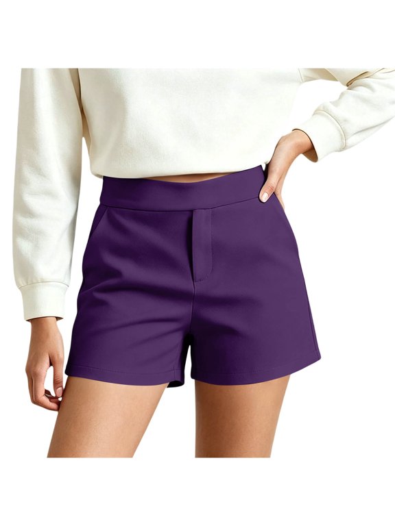 Women's Solid Color High Waisted Stretch Dress Shorts,Comfortable Casual Summer Short Purple,Women's Plus XL