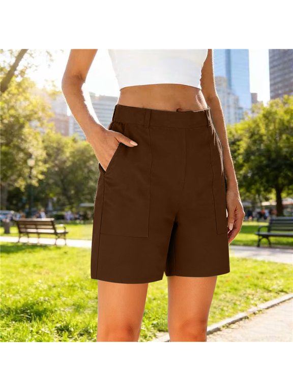 Women's Solid Color Slim Fit Work Shorts with Pockets ,Casual Summer Business Knee Length Short Brown,Women's Plus XXL
