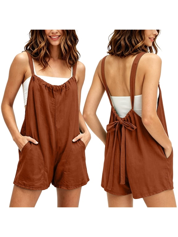 Women's Spaghetti Strap Linen Romper, Back Tie Casual Summer Shorts Jumpsuit with Pockets Orange,Women's Plus L