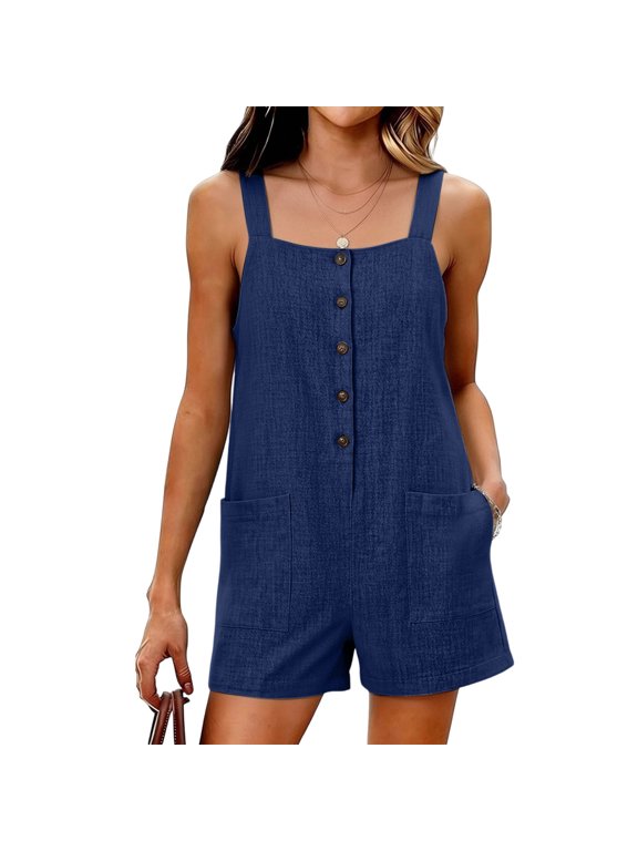 Women's Spaghetti Strap Sleeveless Button Romper Short with Pocket ,Summer Casual Jumpsuit Beach Outfit Blue,Women's Plus XL