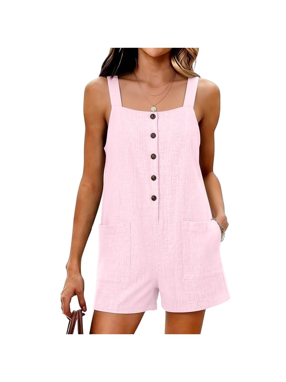 Women's Spaghetti Strap Sleeveless Button Romper Short with Pocket ,Summer Casual Jumpsuit Beach Outfit Pink,Women's Plus XL