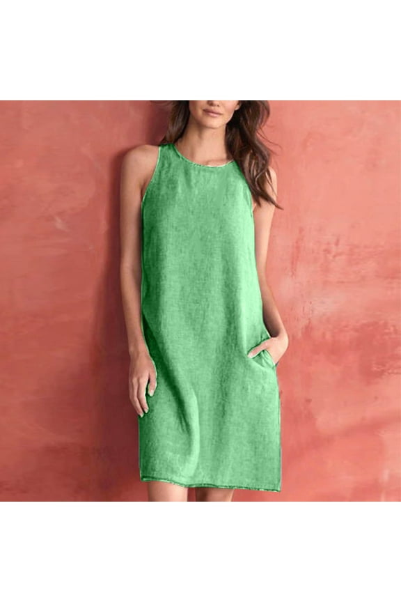 Women's Spring/Summer Sleeveless Casual Tank Top Dress Solid Loose Round Neck Pleated Cotton Linen Dress