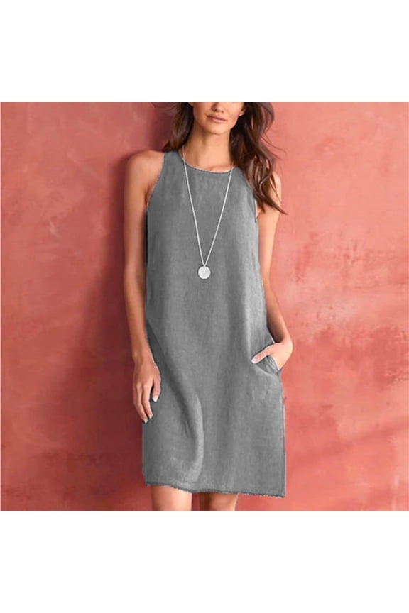 Women's Spring/Summer Sleeveless Casual Tank Top Dress Solid Loose Round Neck Pleated Cotton Linen Dress