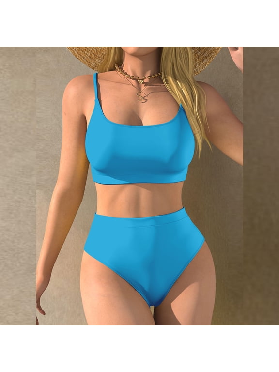 Women's Square Neck High Waist Bikini Set, 2-Piece Swimsuit with Crop Top and High Cut Bottom, Adjustable Strap Bathing Suit for Beach and Pool Blue,Women's Plus XXL