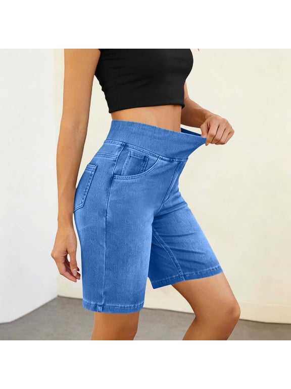 Women’s Stretch High Waist Denim Bermuda Shorts with Pockets,Casual Slim Fit Jean Shorts Blue,Women's Plus XL