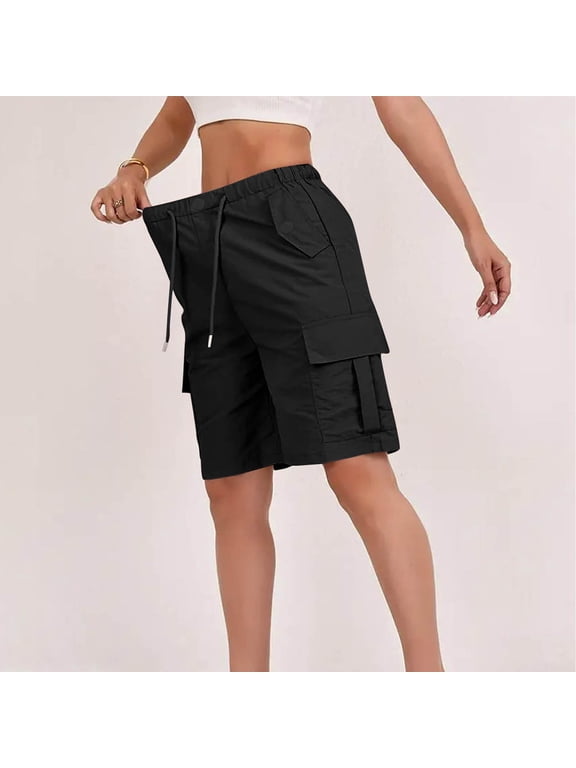 Women's Stretch Waist Cargo Shorts with Adjustable Drawstring and Pockets ,Solid Color Casual Work Shorts Black,Women's Plus M