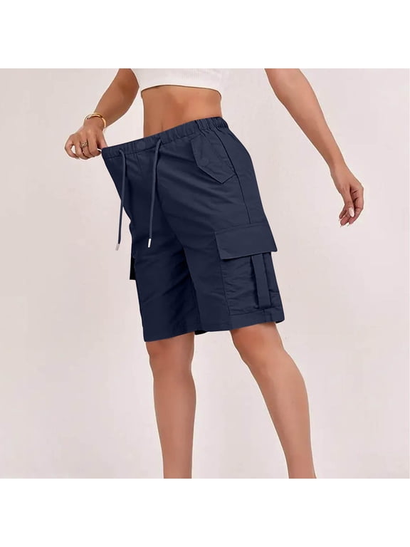 Women's Stretch Waist Cargo Shorts with Adjustable Drawstring and Pockets ,Solid Color Casual Work Shorts Navy,Women's Plus XXL