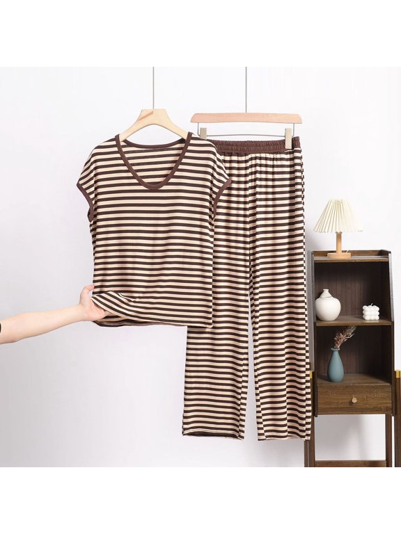 Women's Striped 2 Piece Loungewear Set, V Neck Short Sleeve Top and Long Pants Pajama Set Khaki,Women's Plus XXXL