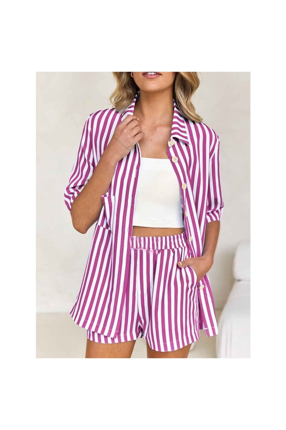 Women's Striped 2 Piece Outfit, Short Sleeve Button Down Shirt and Elastic Waist Shorts Set Purple,Women's Plus XXXL