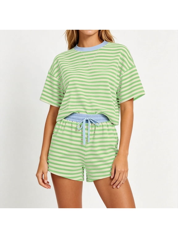 Women's Striped 2 Piece Outfit, Short Sleeve T-Shirt and Drawstring Shorts Loungewear Set Army Green,Women's Plus L