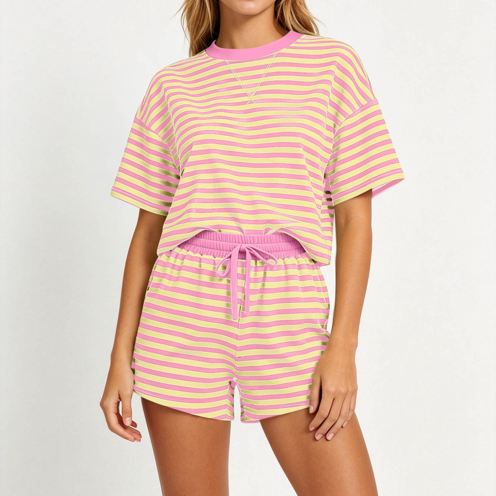 Women's Striped 2 Piece Outfit, Short Sleeve T-Shirt and Drawstring Shorts Loungewear Set Orange,Women's Plus M