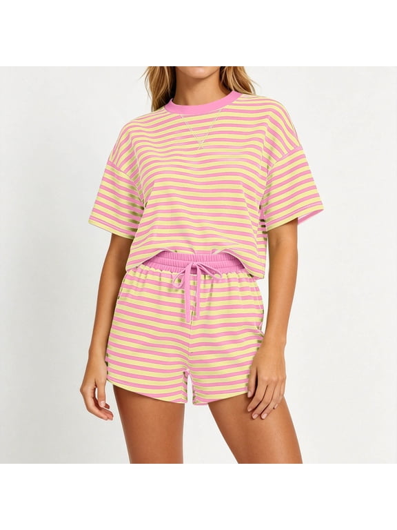 Women's Striped 2 Piece Outfit, Short Sleeve T-Shirt and Drawstring Shorts Loungewear Set Orange,Women's Plus M