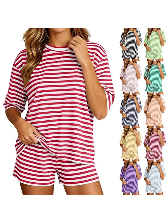 Women's Striped 2 Piece Pajama Set ,Short Sleeve Crew Neck Top and Lounge Shorts with Pockets Red,S