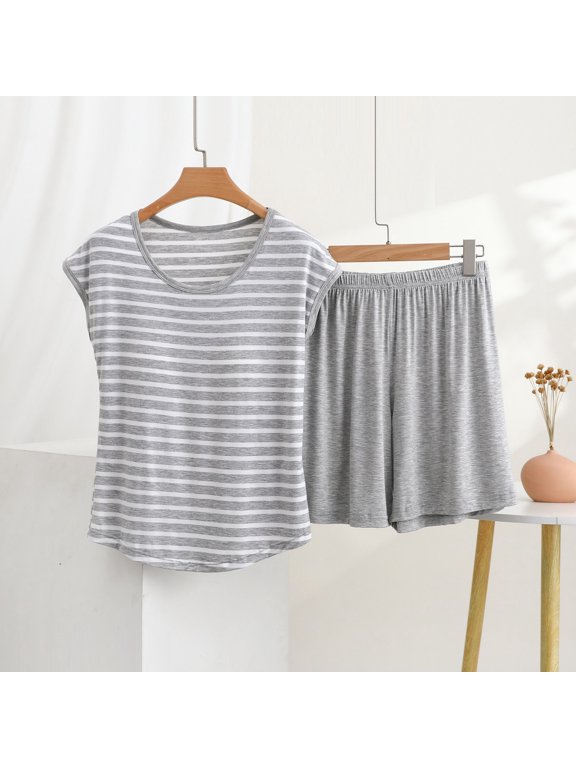 Women's Striped 2 Piece Pajama Set, Short Sleeve Crew Neck Top and Short, Soft Loose Casual Loungewear Gray,Women's Plus XXL