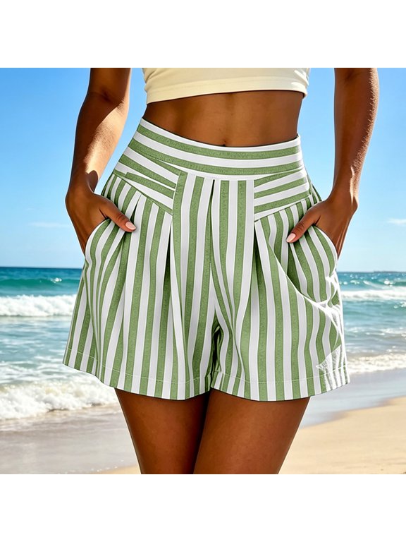 Women's Striped High Waist Shorts with Pockets,Casual Loose Fit Summer Beach Vacation Shorts Green,Women's Plus XXL