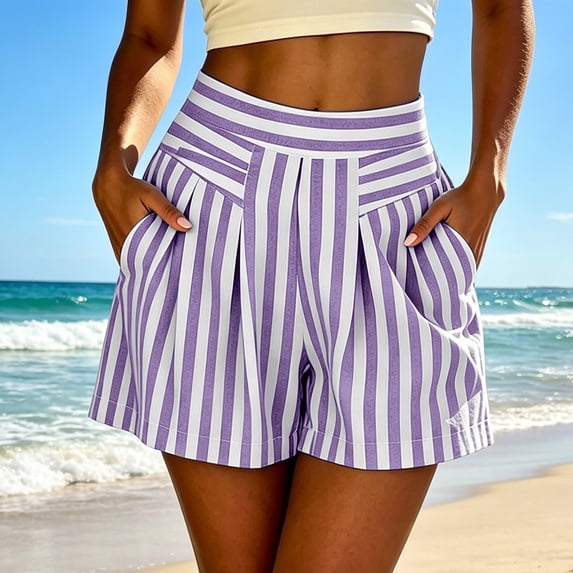 Binmer Women's Striped High Waist Shorts with Pockets,Casual Loose Fit Summer Beach Vacation Shorts Purple,Women's Plus XXL
