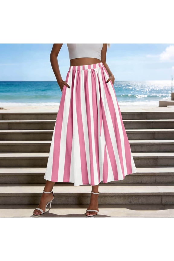 Women's Striped High Waisted Elastic Waist A Line Maxi Skirt,Flowy Casual Beach Vacation Skirt Pink,Women's Plus S