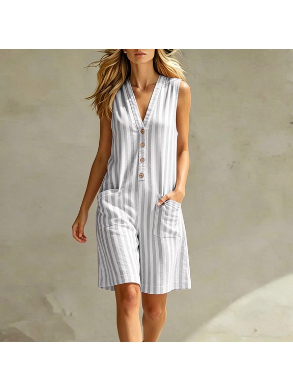 Women's Striped Sleeveless V Neck Button Down Romper Short,Casual Summer Short Jumpsuit with Pockets Gray,Women's Plus M