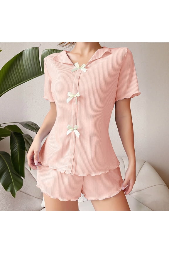 Women's Summer Bow Notch Collar Short Sleeve Top and Shorts Pajama Set ,Casual Two-Piece Loungewear Pink,Women's Plus S