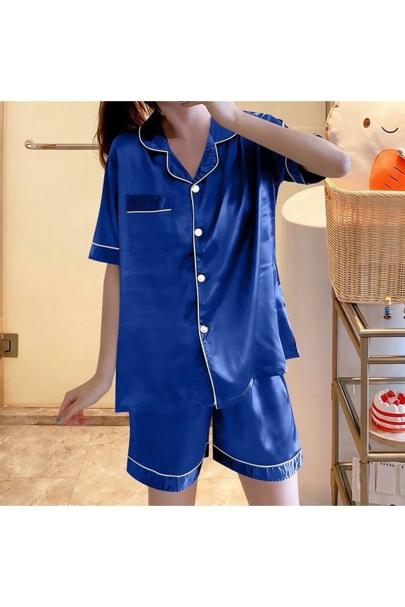 Women's Summer Satin Pajama Set,Short Sleeve Notch Collar Top and Shorts ,Casual Two-Piece Loungewear Dark Blue,Women's Plus XXL