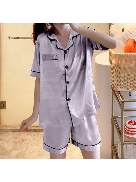 Women's Summer Satin Pajama Set,Short Sleeve Notch Collar Top and Shorts ,Casual Two-Piece Loungewear Gray,Women's Plus XXXL