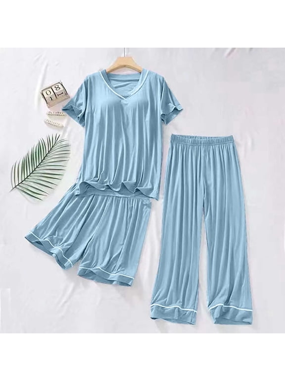Women's Three-Piece Loungewear Sleepwear ,Short Sleeve Top with Built-in Pads , Elastic Waist Shorts and Pant Pajama Set Blue,Women's Plus XXXL