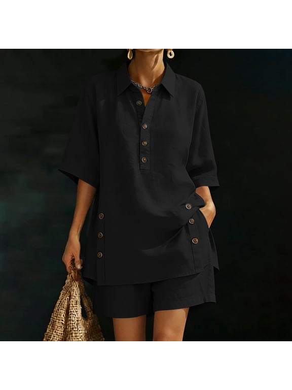 Women's Two Piece Outfit, Linen Blend Notch Collar Button Top and Elastic Waist Shorts Set with Pockets Black,Women's Plus L